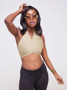 Lola Satin Halter Neck Crop Top - Olive Green