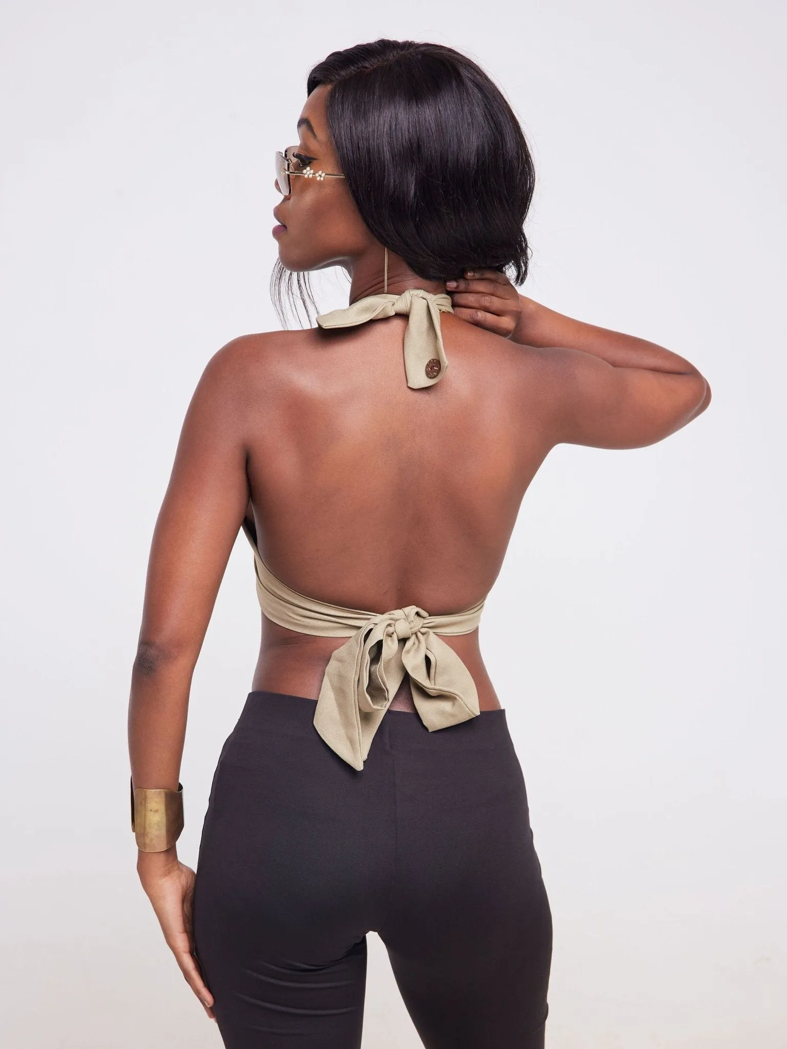 Lola Satin Halter Neck Crop Top - Olive Green