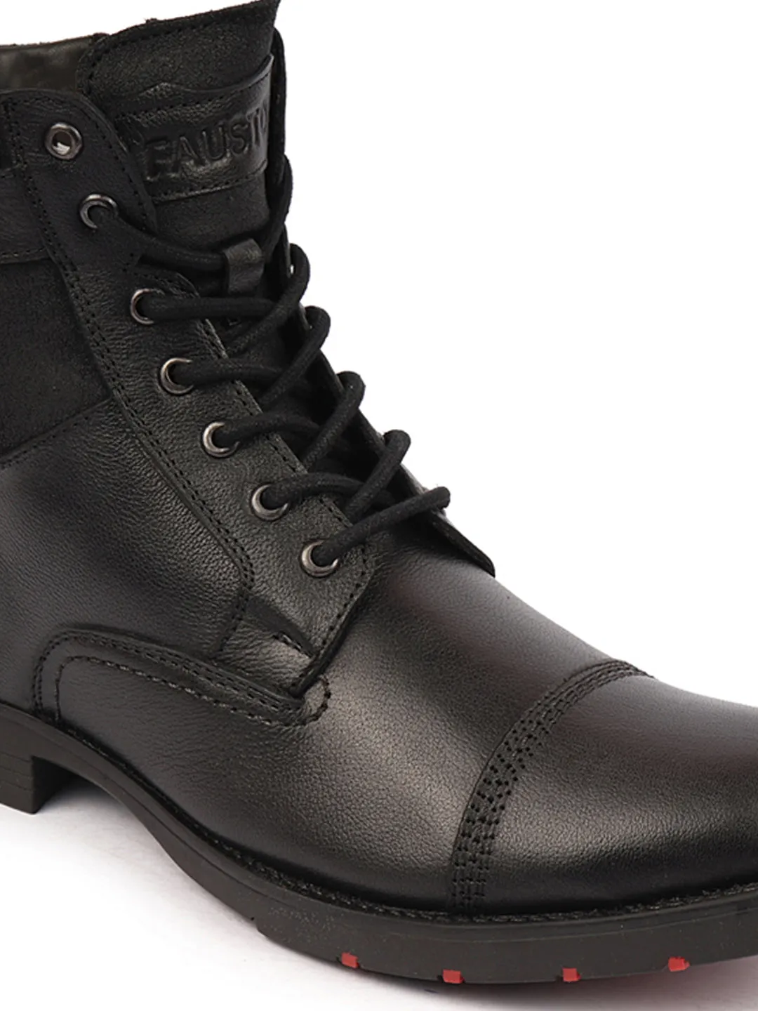 Men Black High Ankle Genuine Leather 7-Eye Cap Toe Lace Up Closure Side Zipper Combat Boots