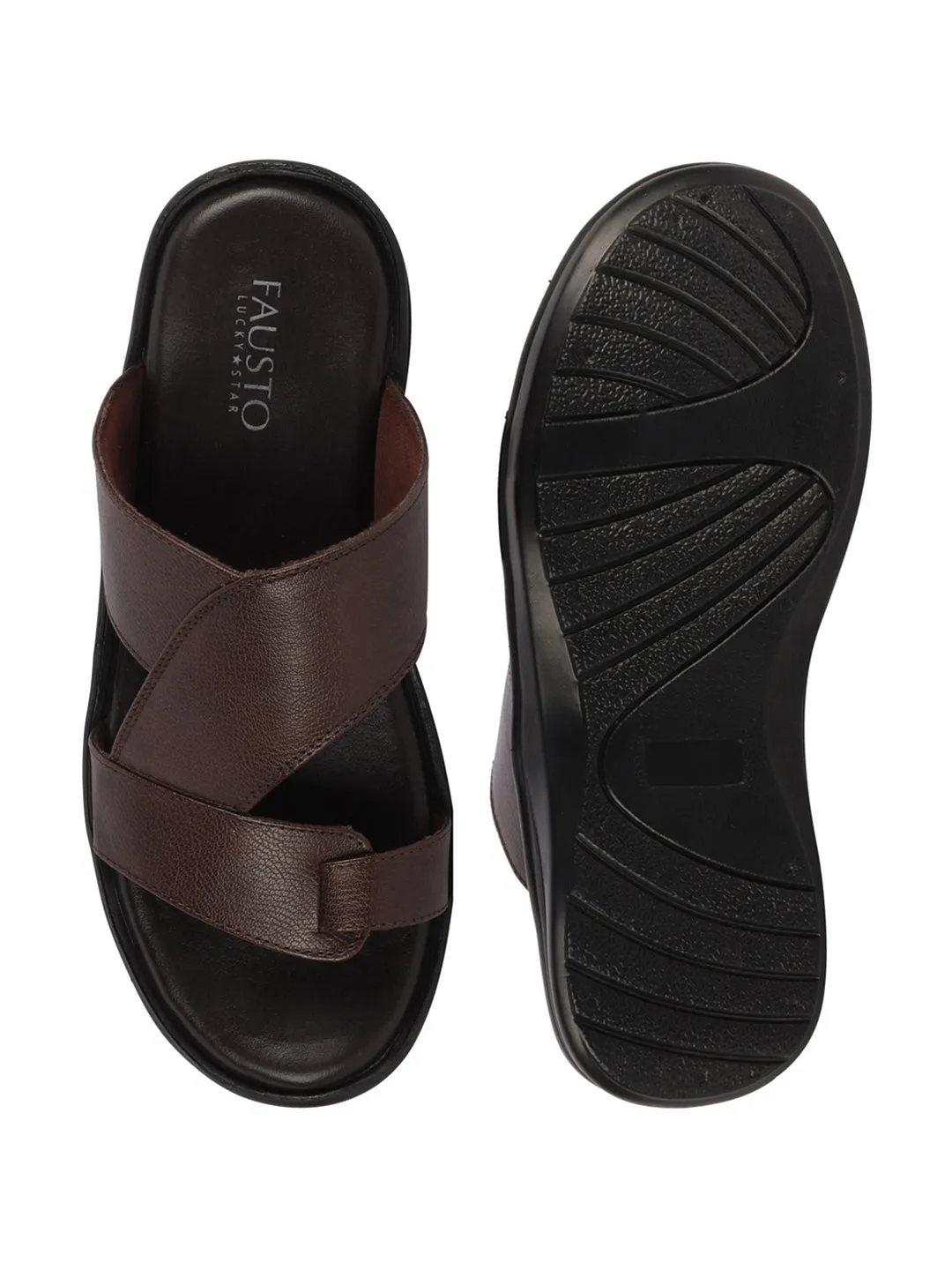 Men Brown Daily Indoor Outdoor Multi Strap Toe Ring Slip On Slipper