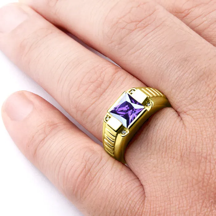 Men's 14K Yellow Gold Ring with Natural Diamonds and Purple Amethyst Gemstone