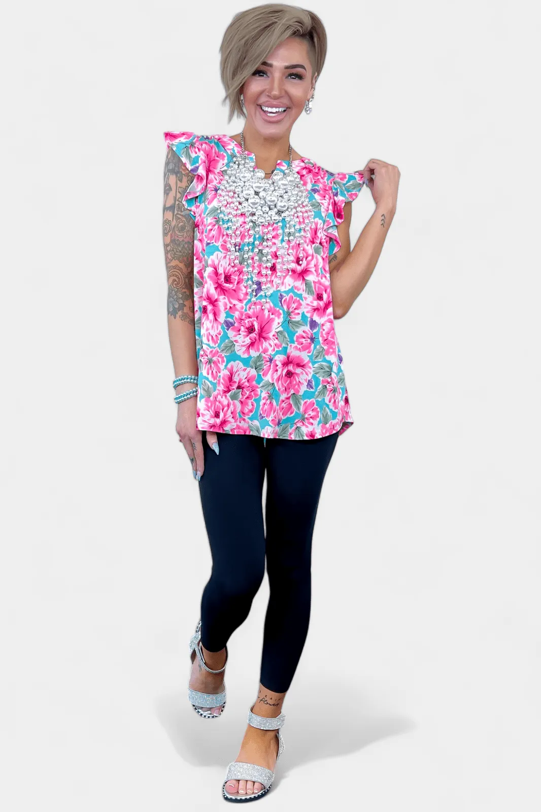 Mint Pink Floral Lizzy Flutter Sleeve Top [NO RETURNS]