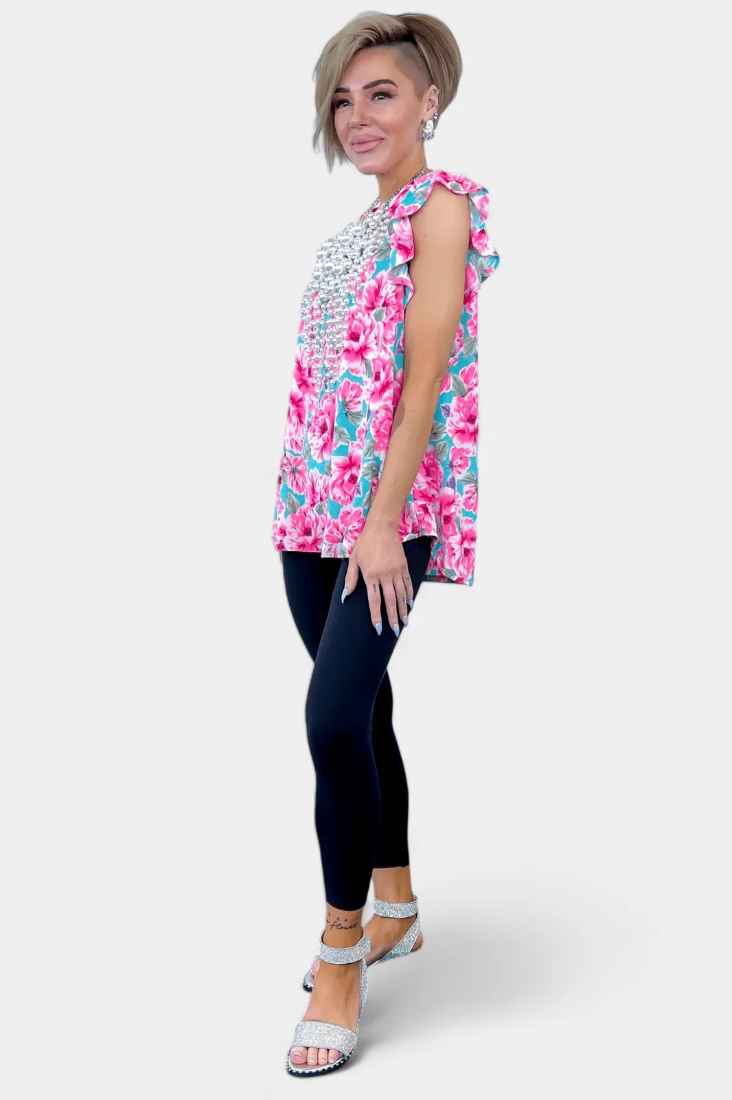 Mint Pink Floral Lizzy Flutter Sleeve Top [NO RETURNS]