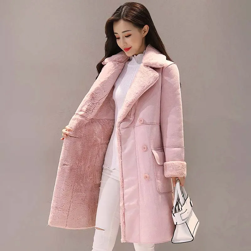 MONA Design Women's Fine Fashion Elegant Pink Coat Jacket Faux Fur Cashmere Lapel Coat Jacket