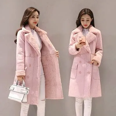 MONA Design Women's Fine Fashion Elegant Pink Coat Jacket Faux Fur Cashmere Lapel Coat Jacket