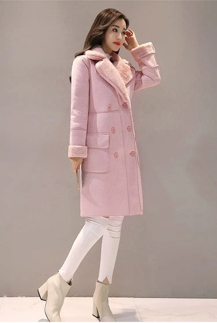 MONA Design Women's Fine Fashion Elegant Pink Coat Jacket Faux Fur Cashmere Lapel Coat Jacket