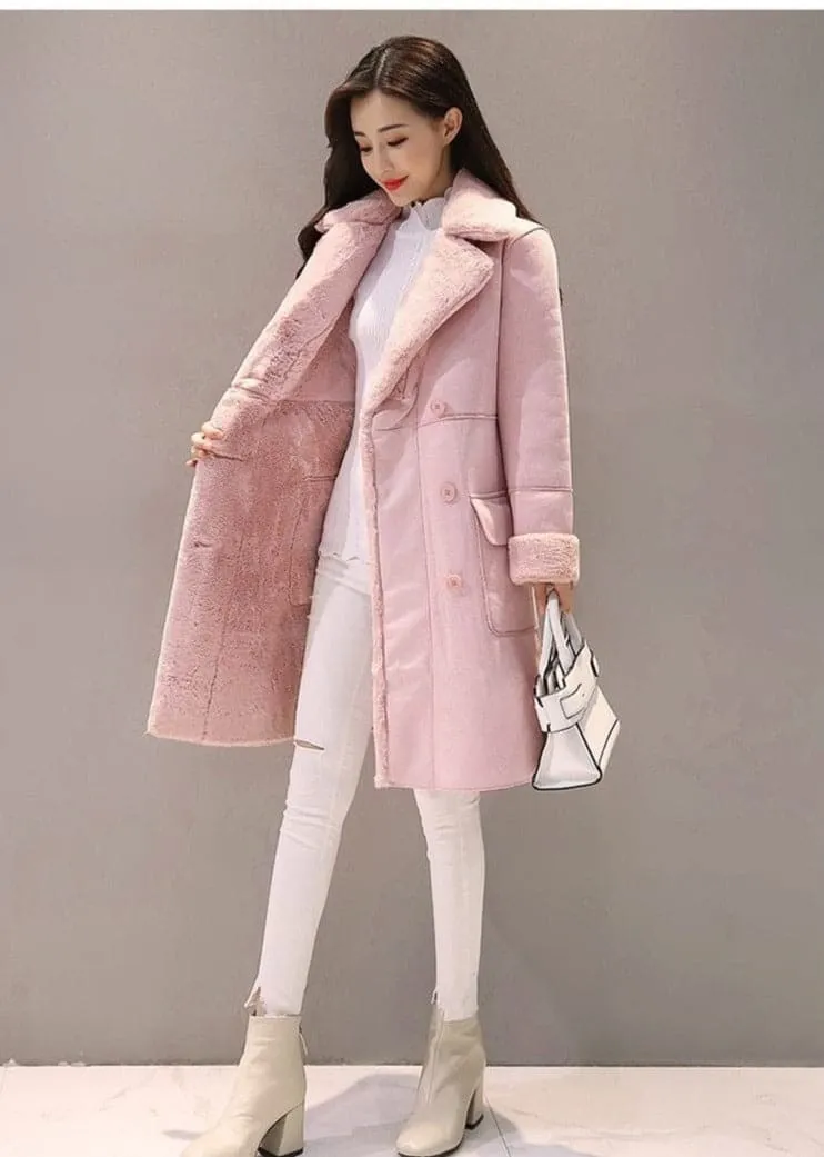 MONA Design Women's Fine Fashion Elegant Pink Coat Jacket Faux Fur Cashmere Lapel Coat Jacket