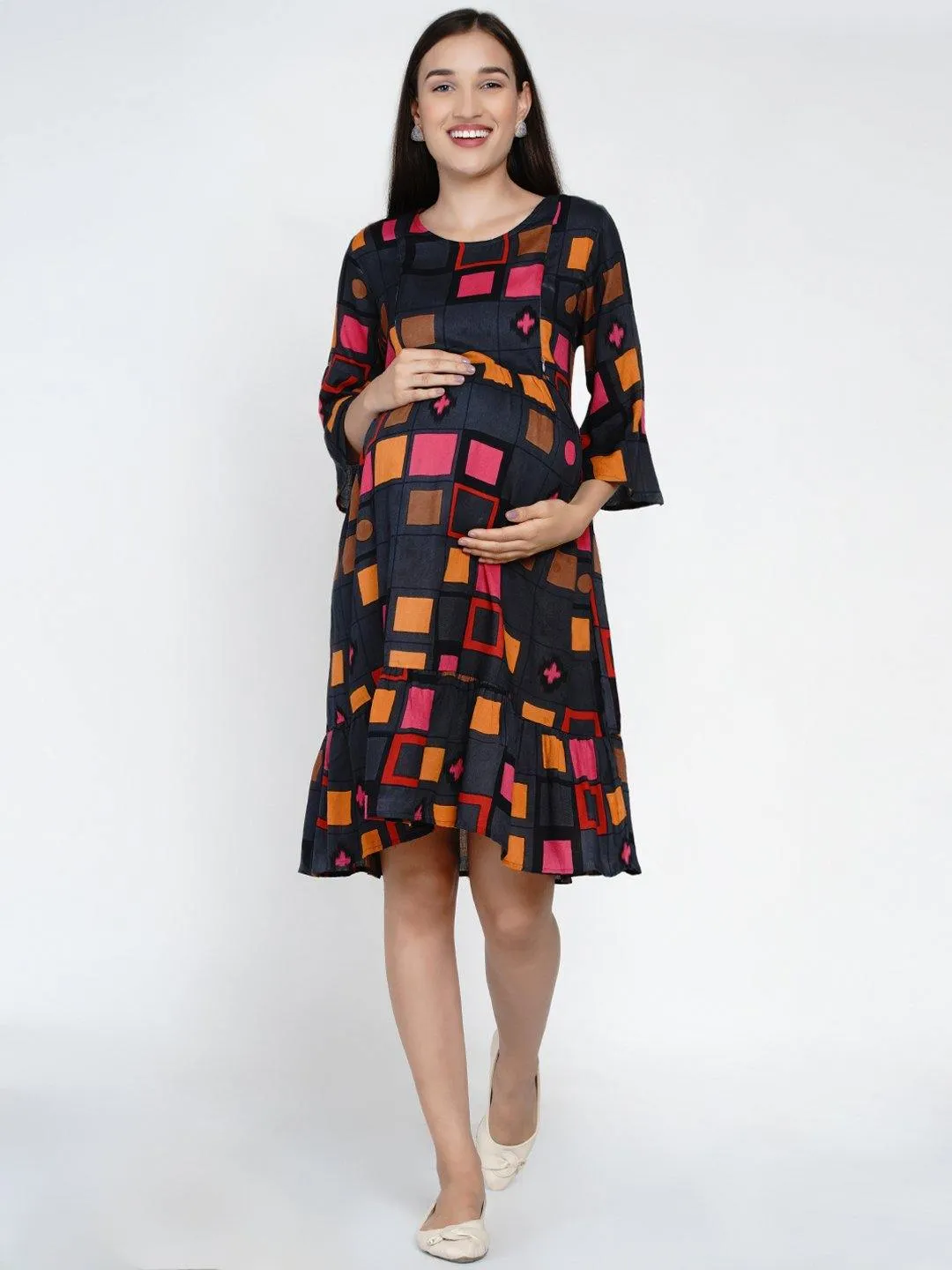 Multicolor Geometric Print Maternity and Nursing Midi Dress