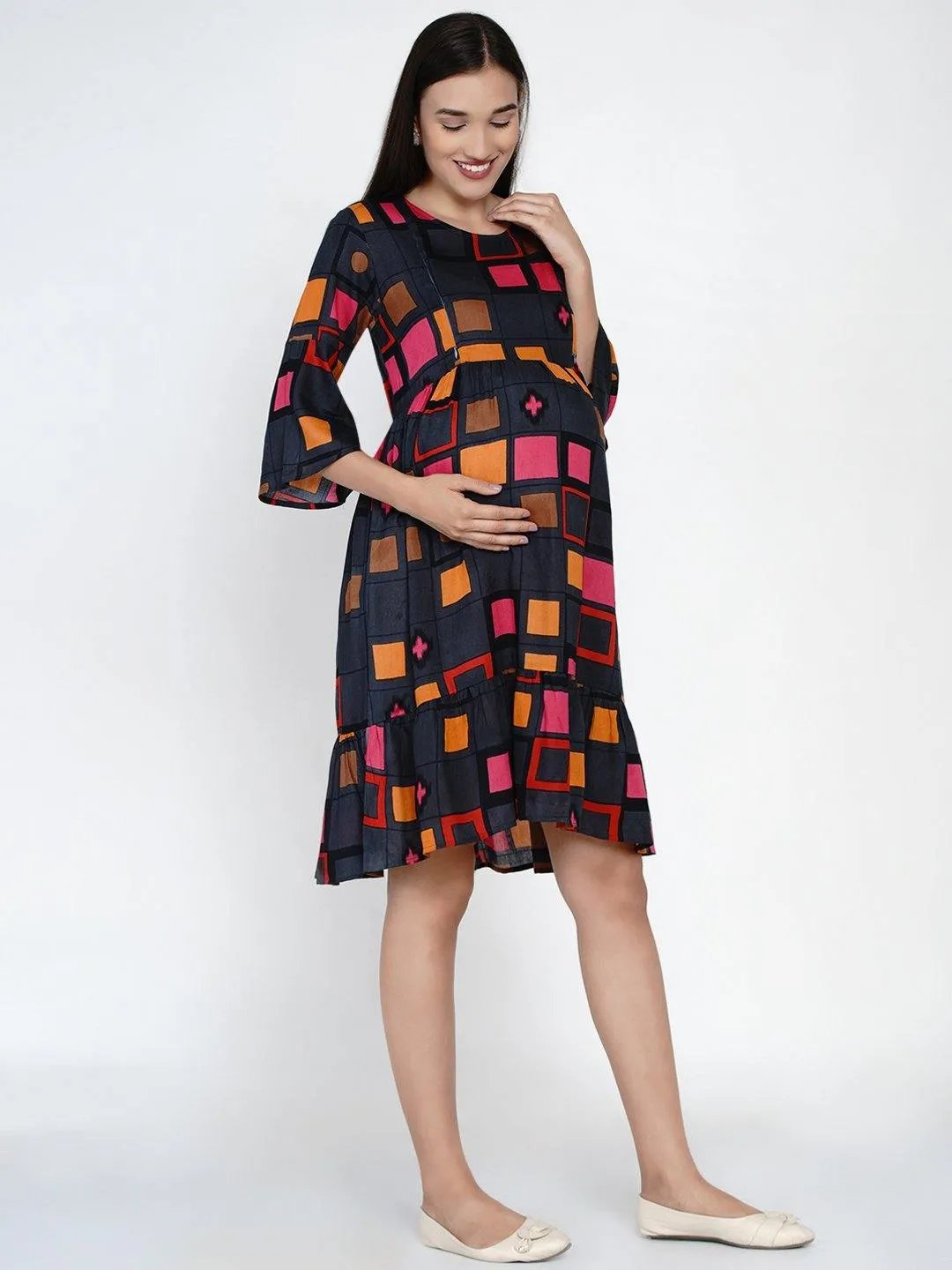 Multicolor Geometric Print Maternity and Nursing Midi Dress