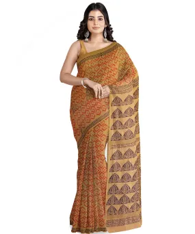 Mustard cotton silk hand printed maheshwari saree