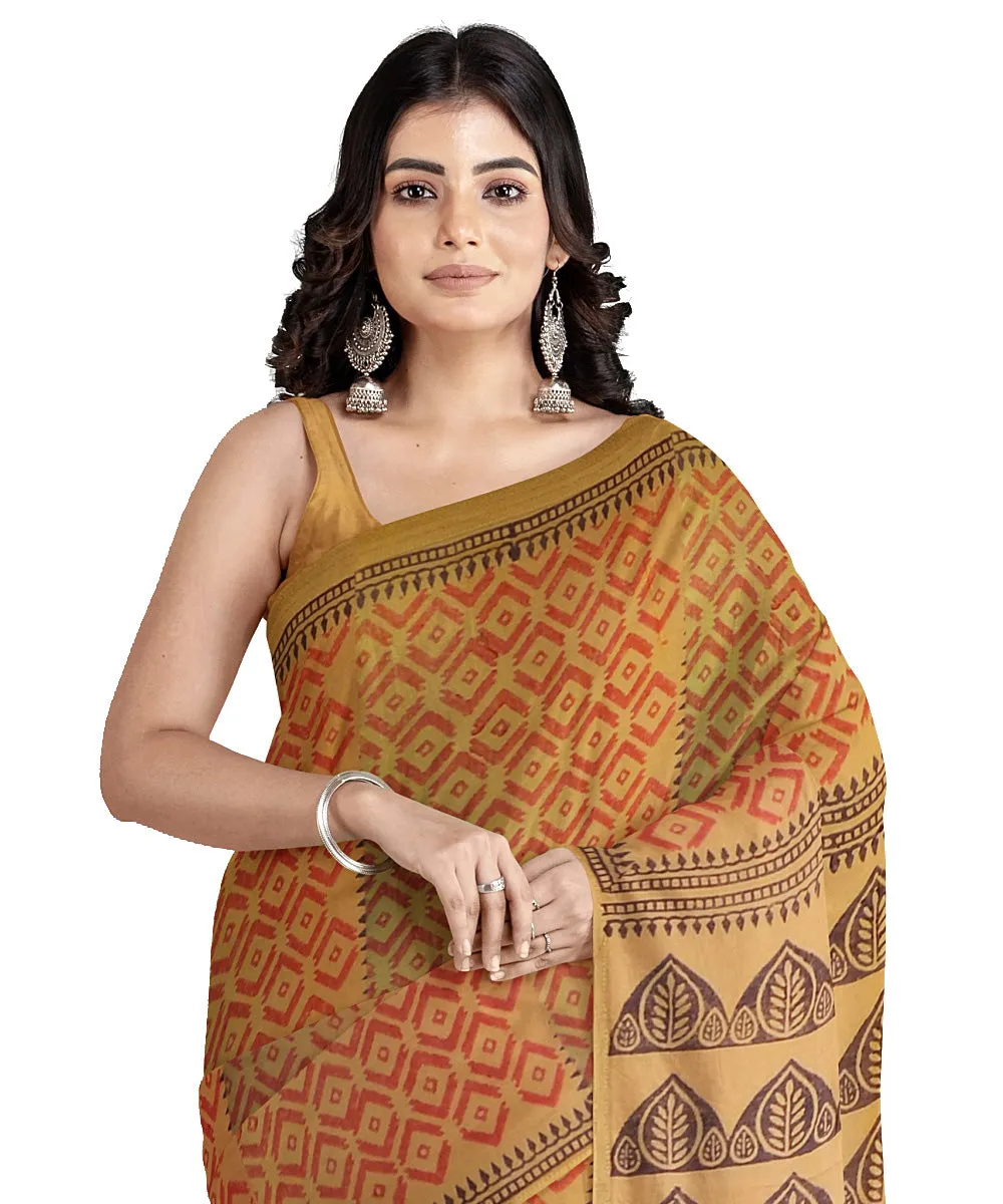 Mustard cotton silk hand printed maheshwari saree