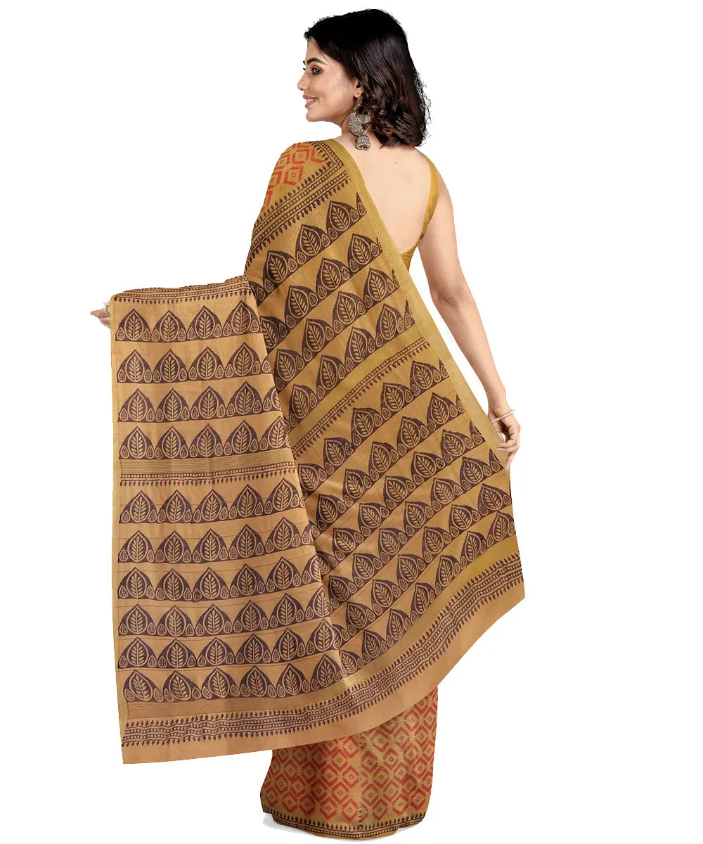 Mustard cotton silk hand printed maheshwari saree