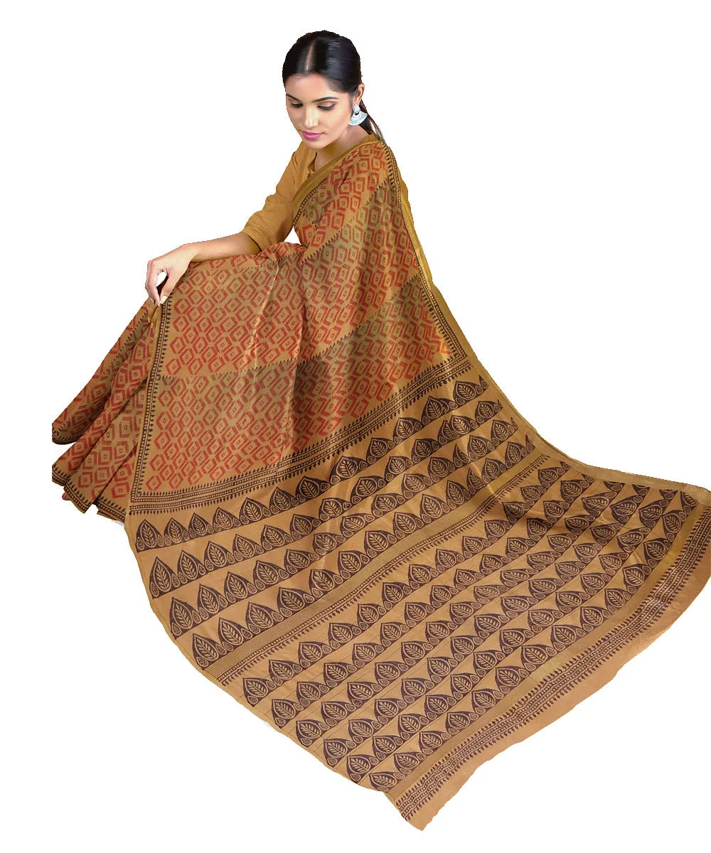 Mustard cotton silk hand printed maheshwari saree