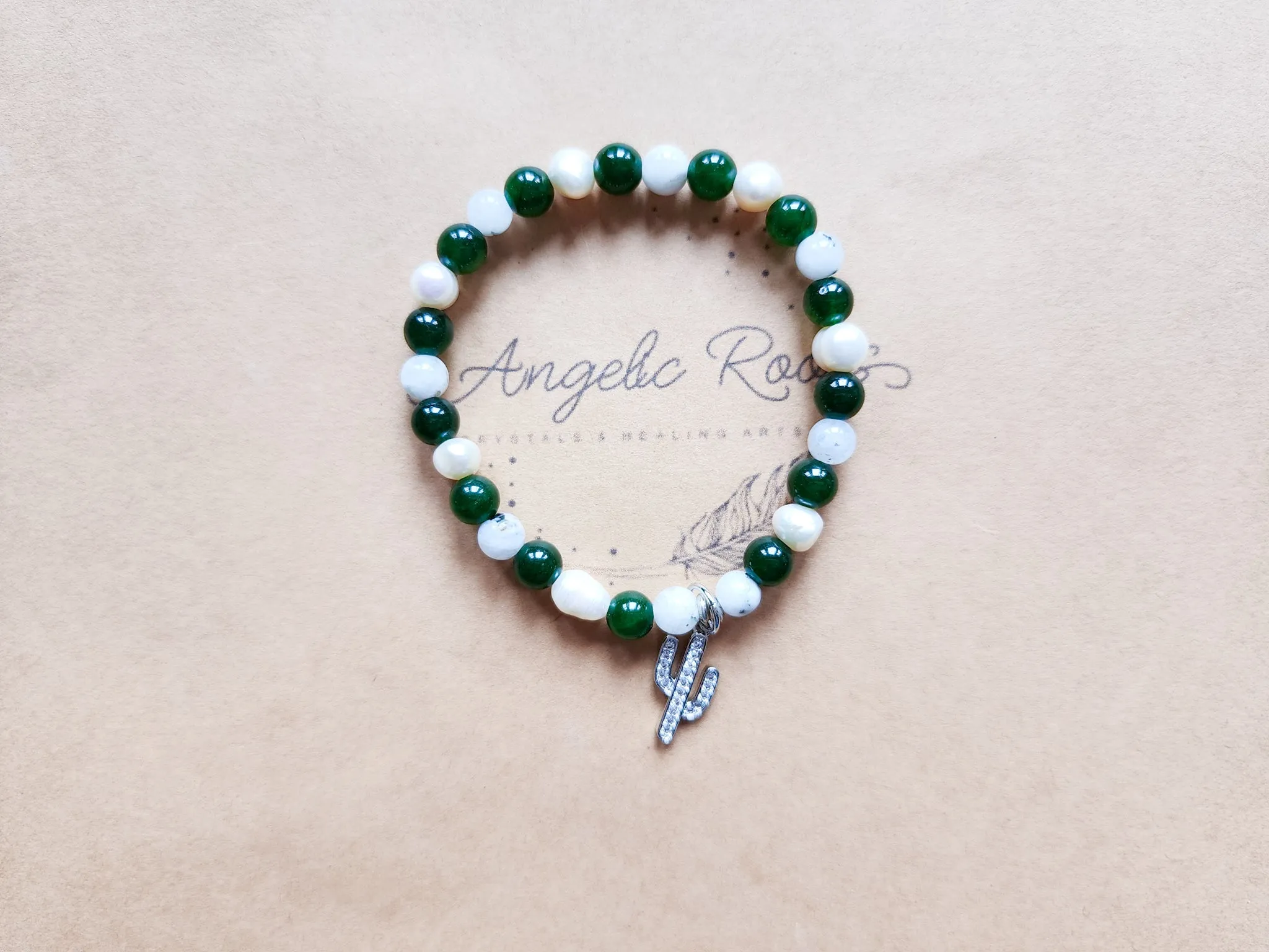 Nephrite Jade, Rainbow Moonstone & Mother of Pearl Cactus Gold Edition Beaded Bracelet || Reiki Infused