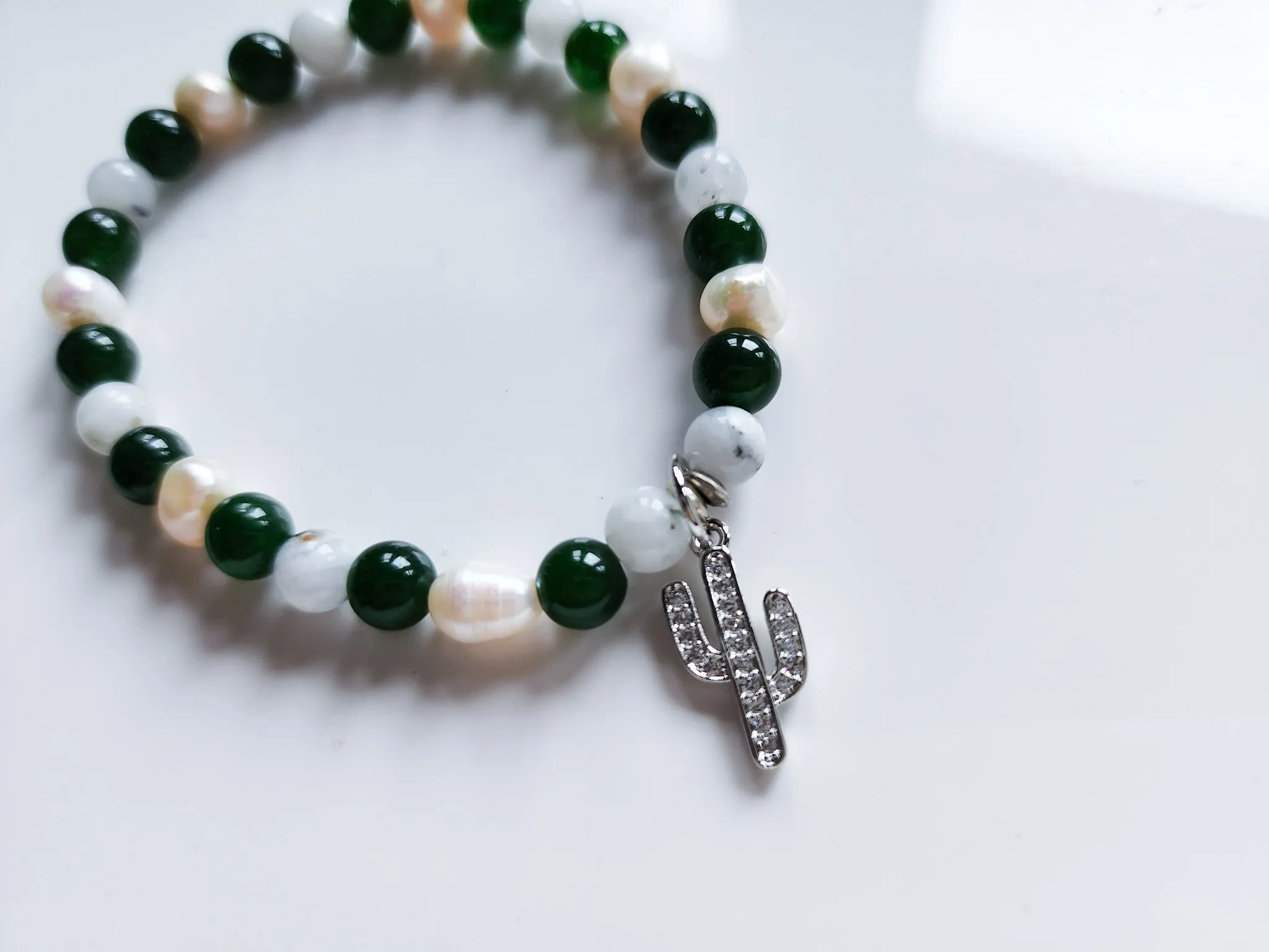 Nephrite Jade, Rainbow Moonstone & Mother of Pearl Cactus Gold Edition Beaded Bracelet || Reiki Infused