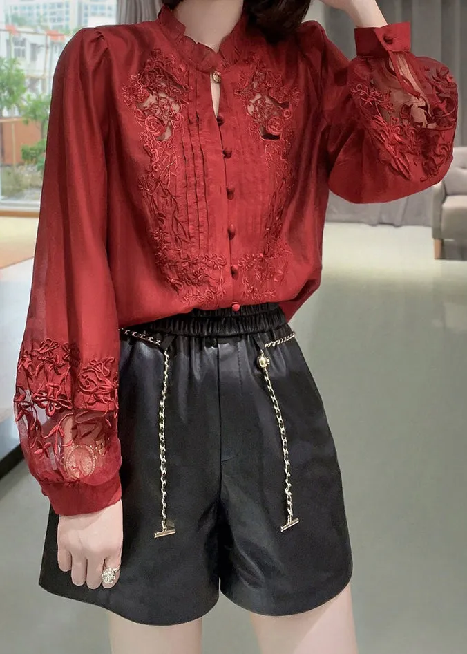 New Red Embroidered Ruffled Button Cotton Shirt Long Sleeve QA1065