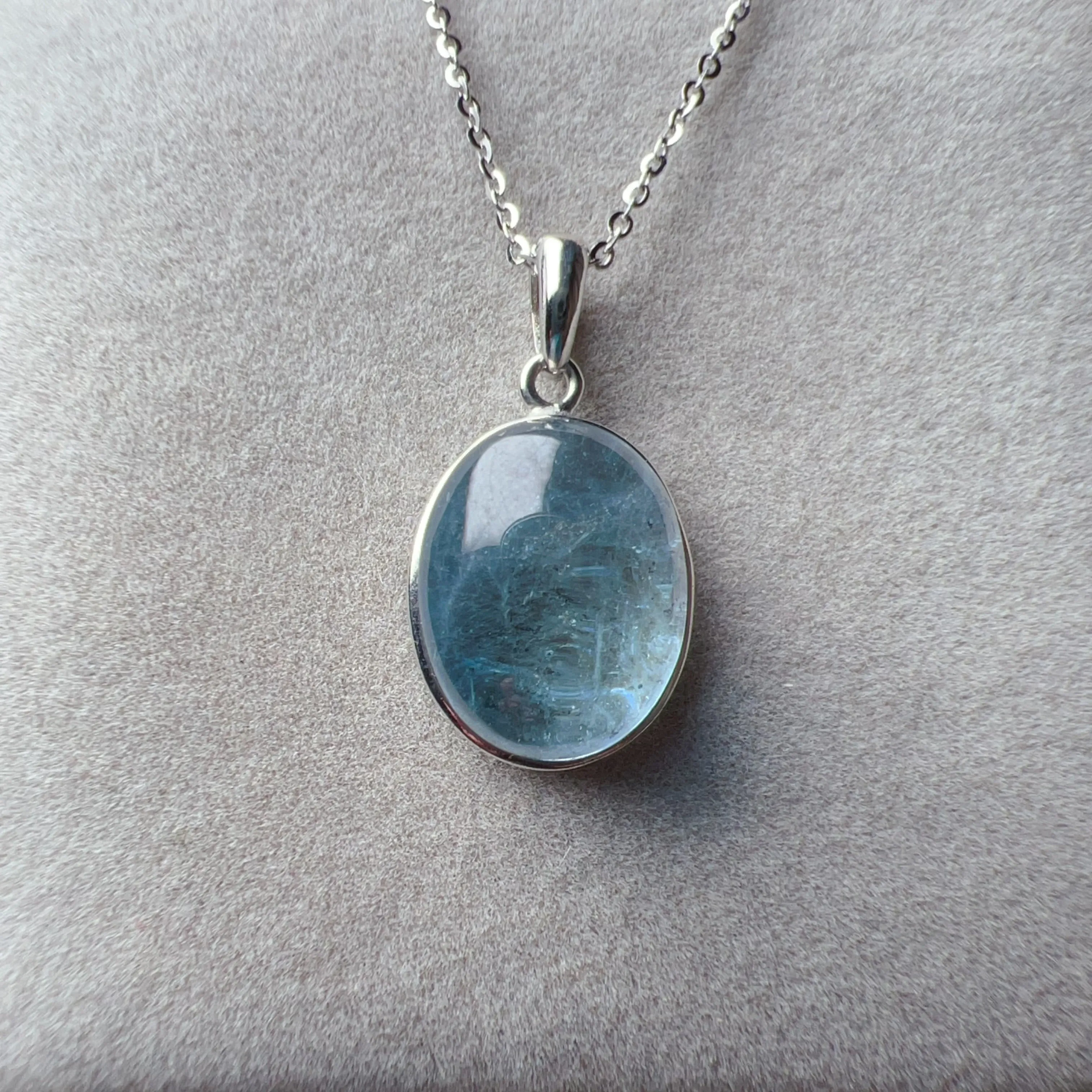 Nice Clarity Aquamarine Cabochon Pendant Necklace | Throat Chakra Healing Crystal Jewelry