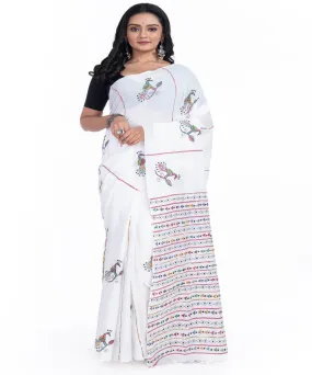 Offwhite handwoven cotton kantha stitch saree