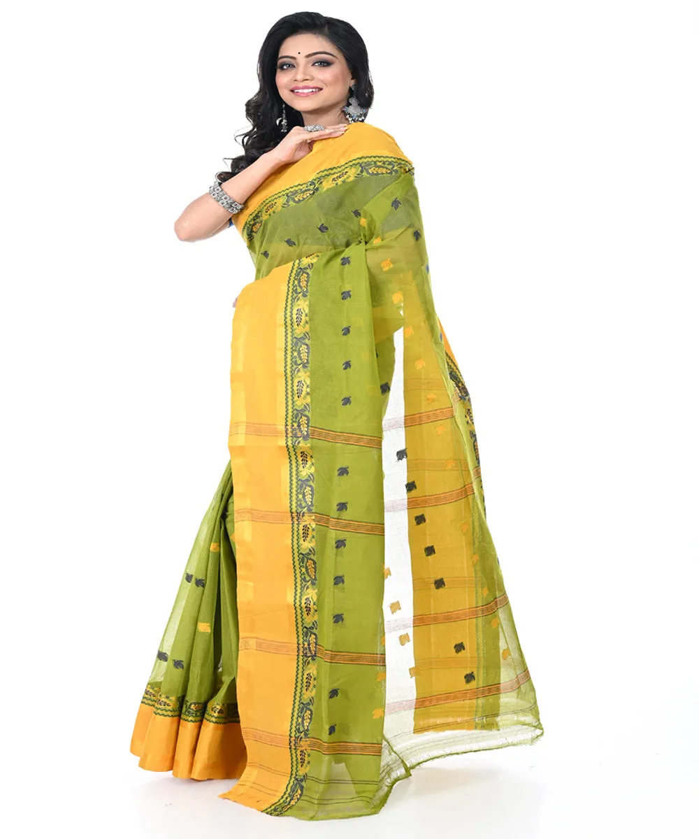 Olive green yellow handwoven cotton tangail saree