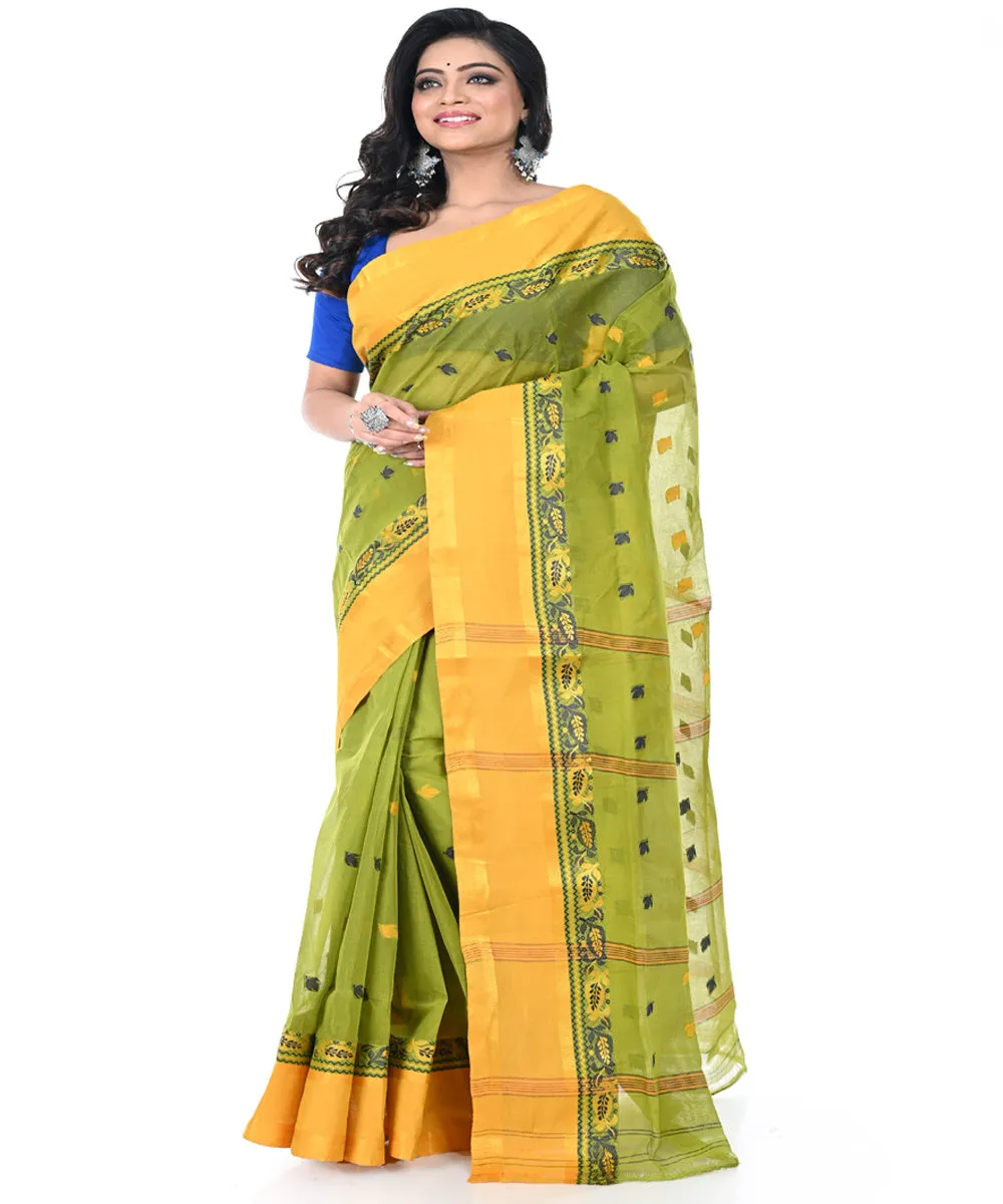 Olive green yellow handwoven cotton tangail saree