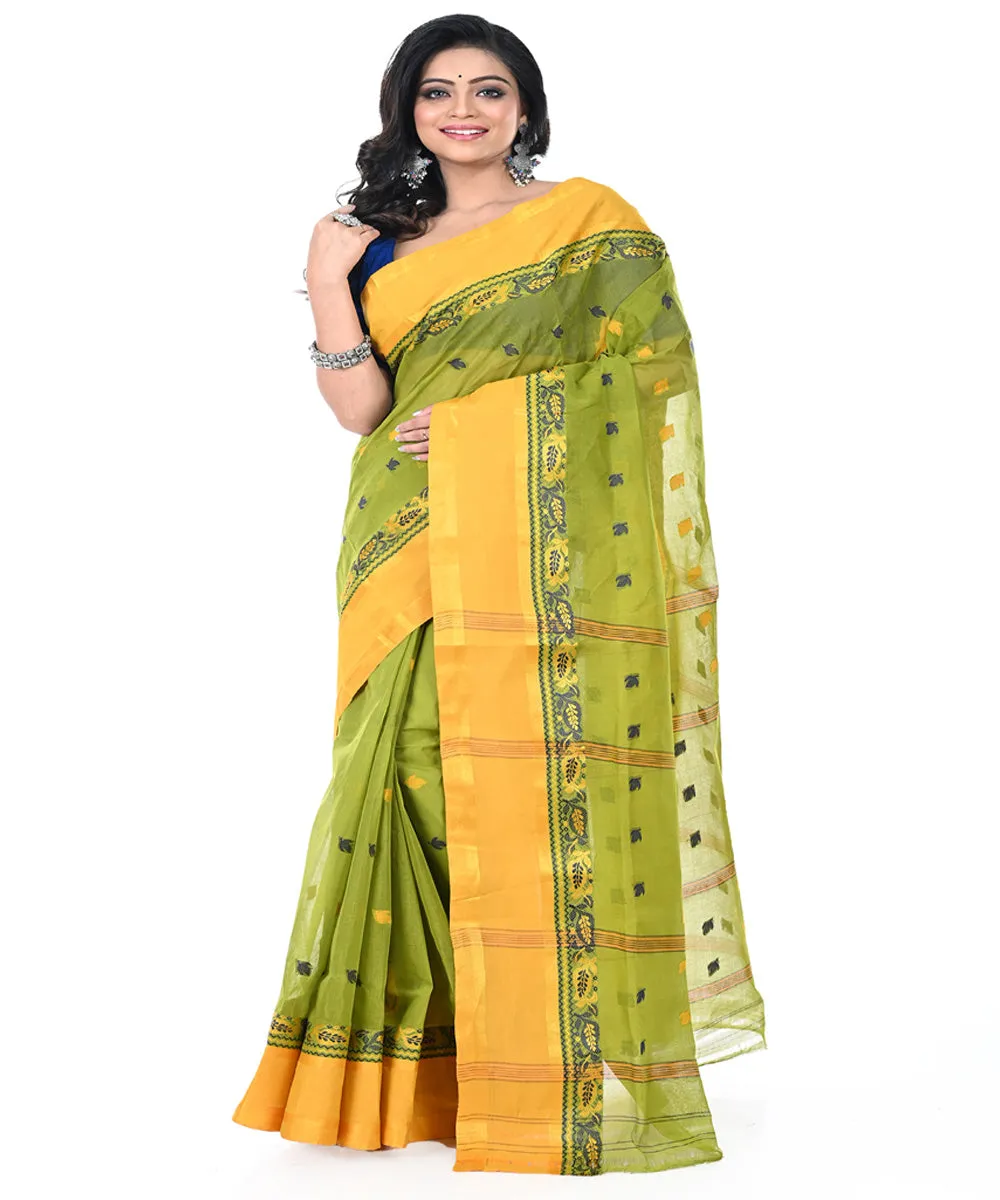 Olive green yellow handwoven cotton tangail saree