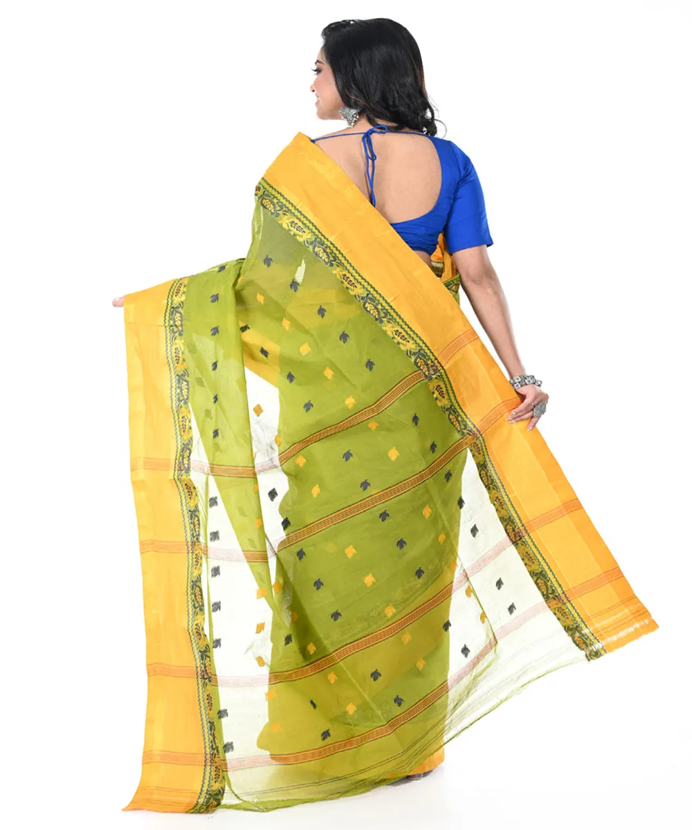 Olive green yellow handwoven cotton tangail saree