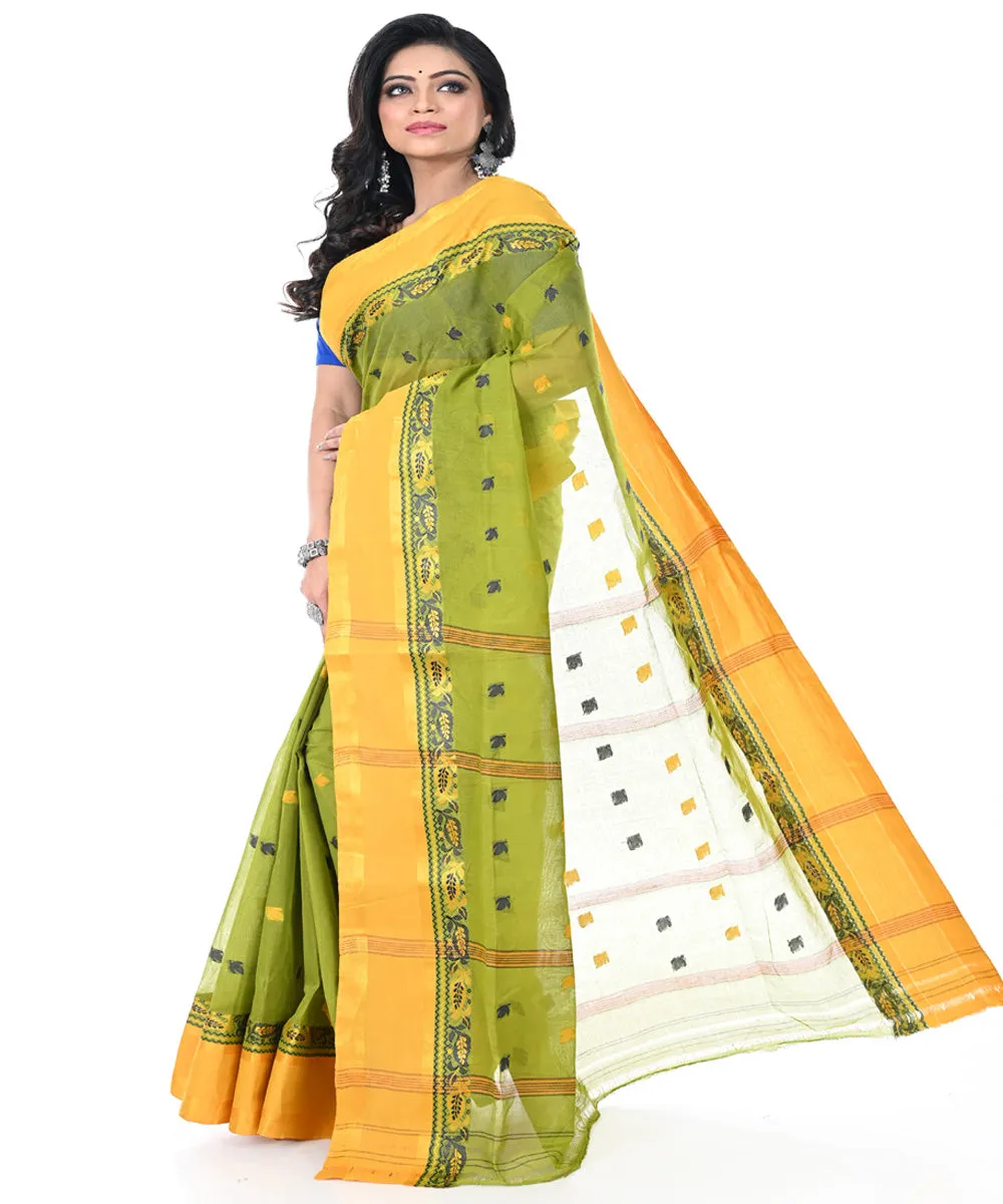 Olive green yellow handwoven cotton tangail saree