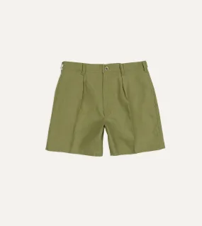 Olive Linen Single-Pleat Shorts