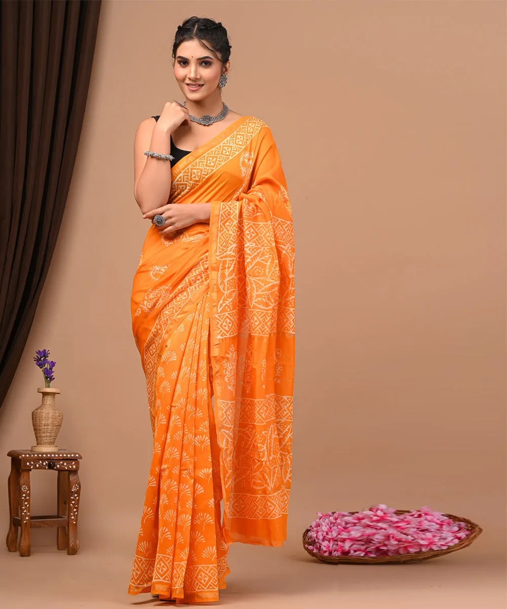 Orange offwhite cotton silk hand block printed sanganeri saree