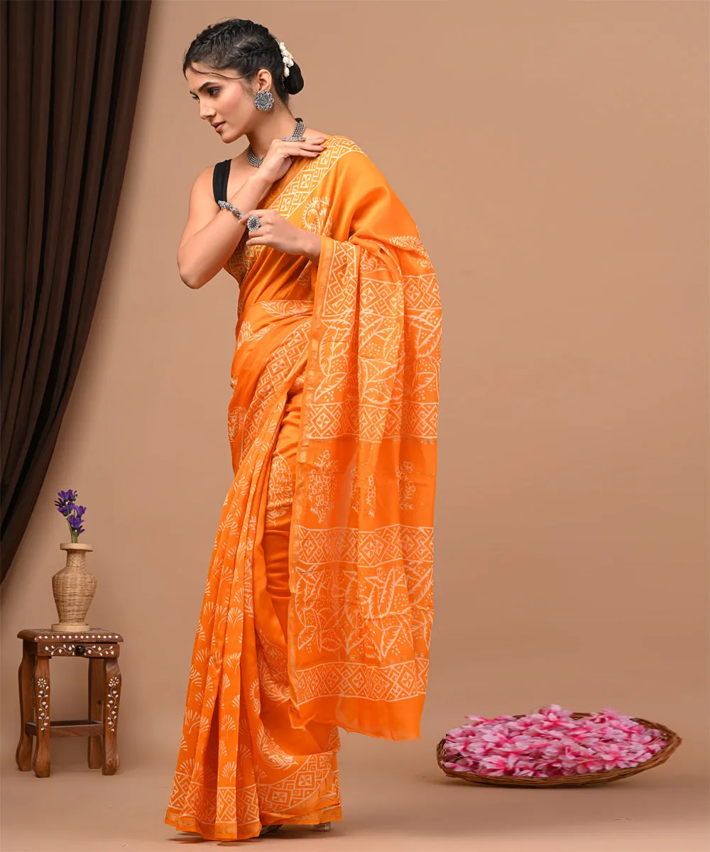 Orange offwhite cotton silk hand block printed sanganeri saree