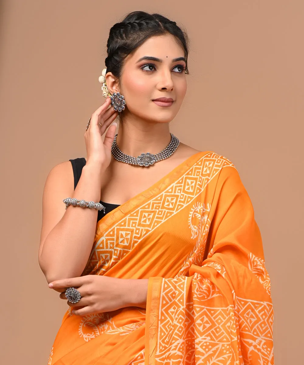 Orange offwhite cotton silk hand block printed sanganeri saree