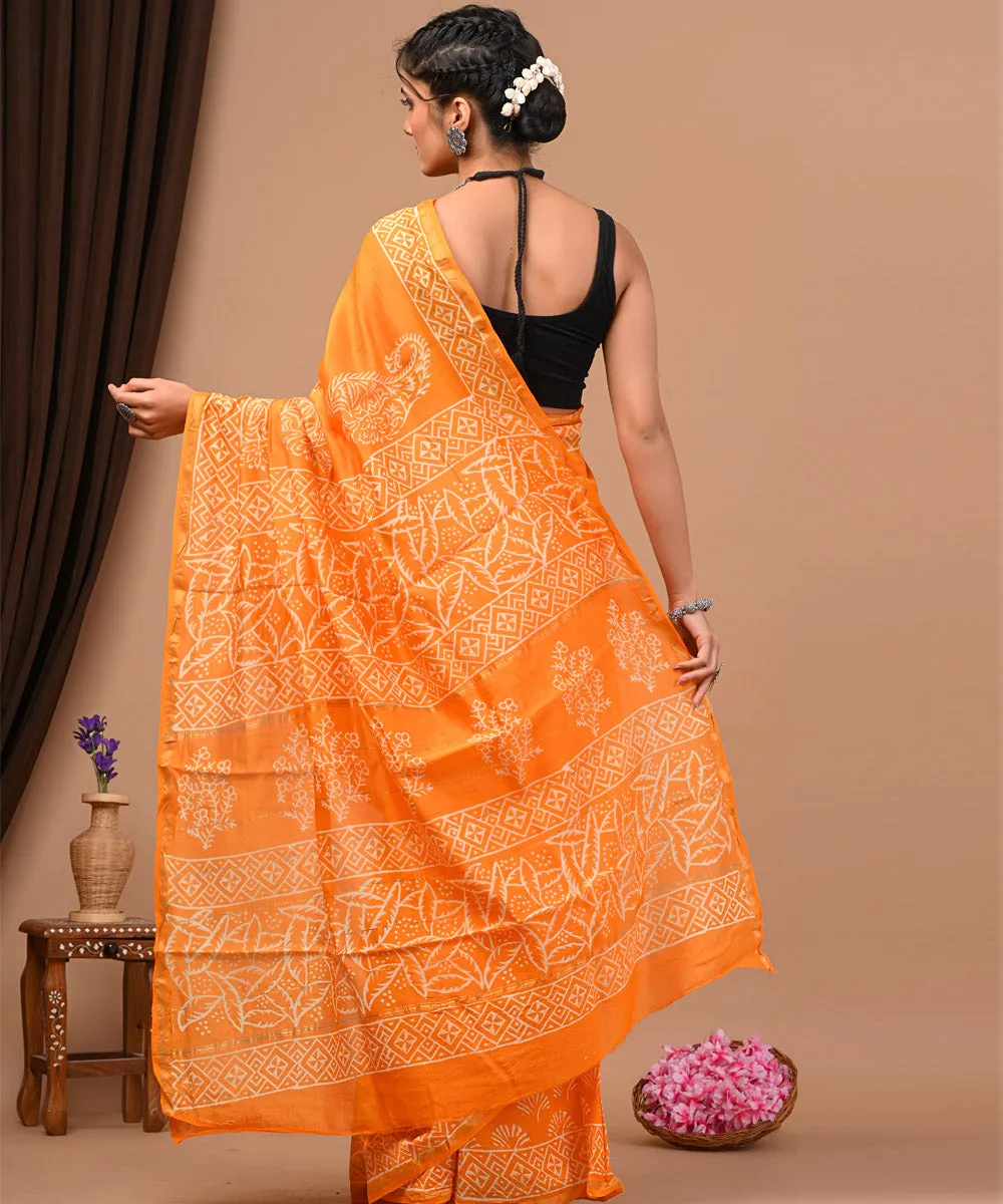 Orange offwhite cotton silk hand block printed sanganeri saree