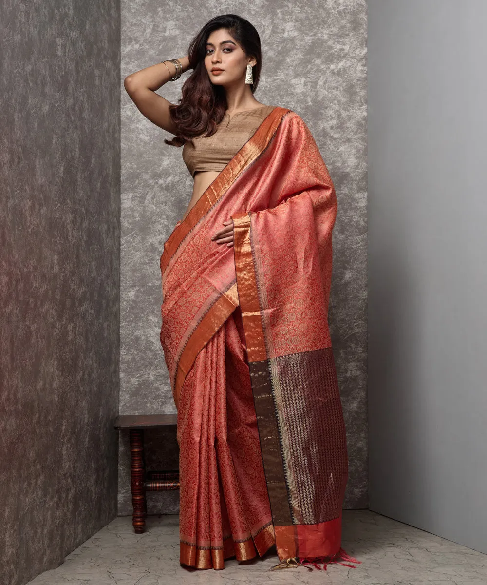 Orange pink handwoven chhatisgarh tussar silk saree