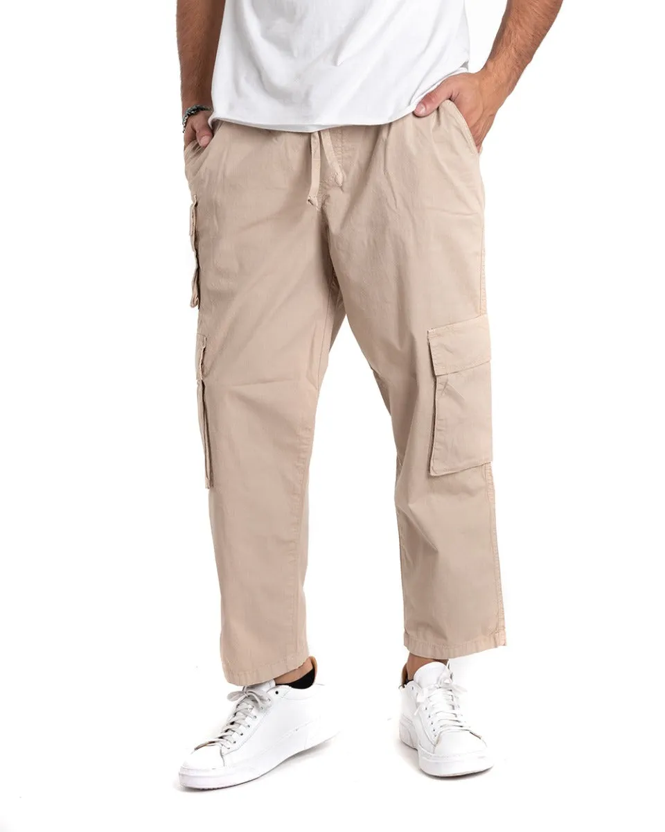 Pantaloni Uomo Cargo Tasconi Comodo Coulisse Tinta Unita Beige GIOSAL-P5346A