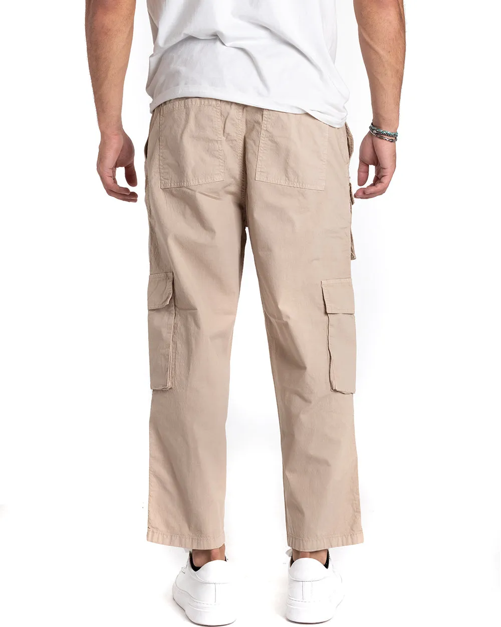 Pantaloni Uomo Cargo Tasconi Comodo Coulisse Tinta Unita Beige GIOSAL-P5346A