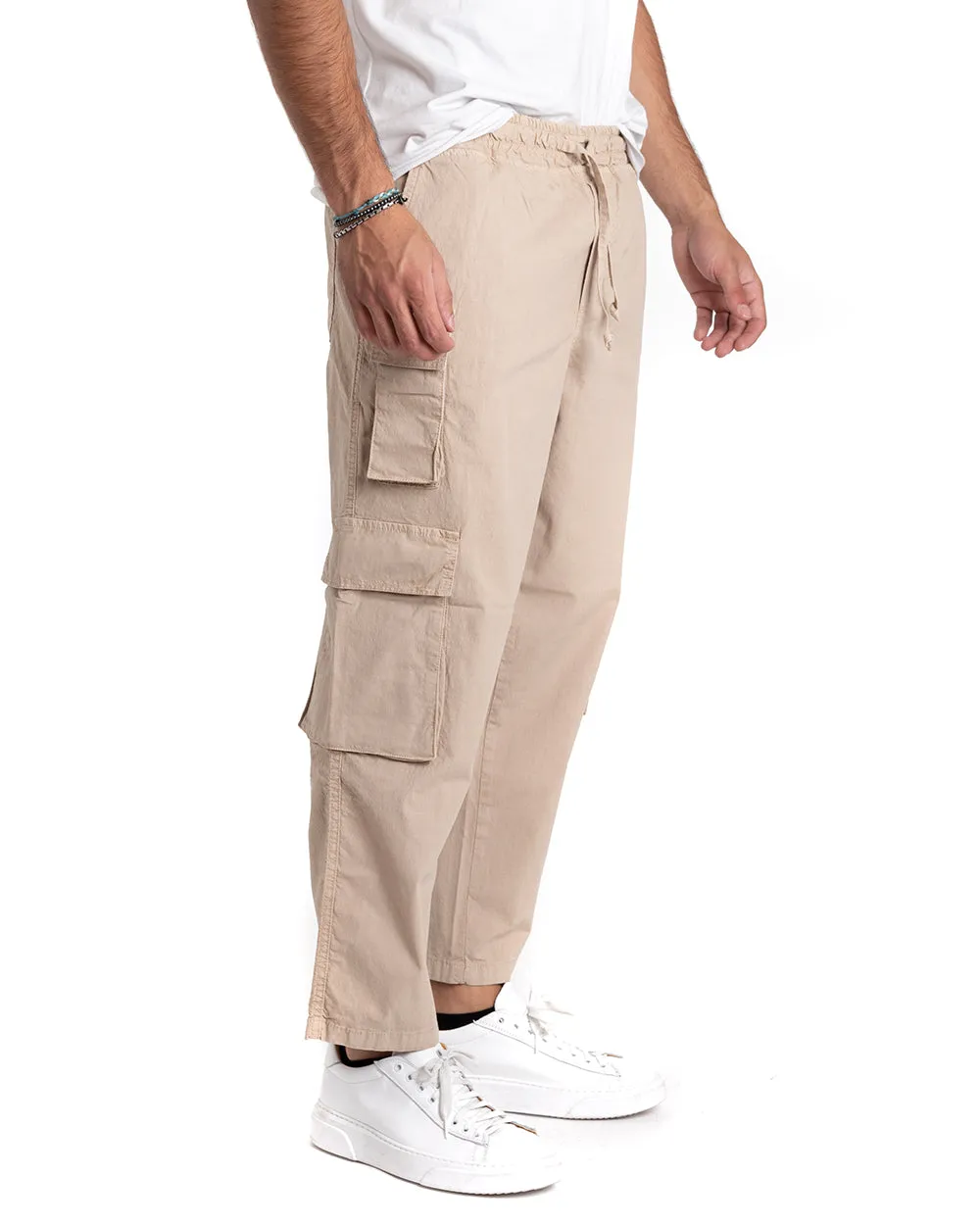 Pantaloni Uomo Cargo Tasconi Comodo Coulisse Tinta Unita Beige GIOSAL-P5346A