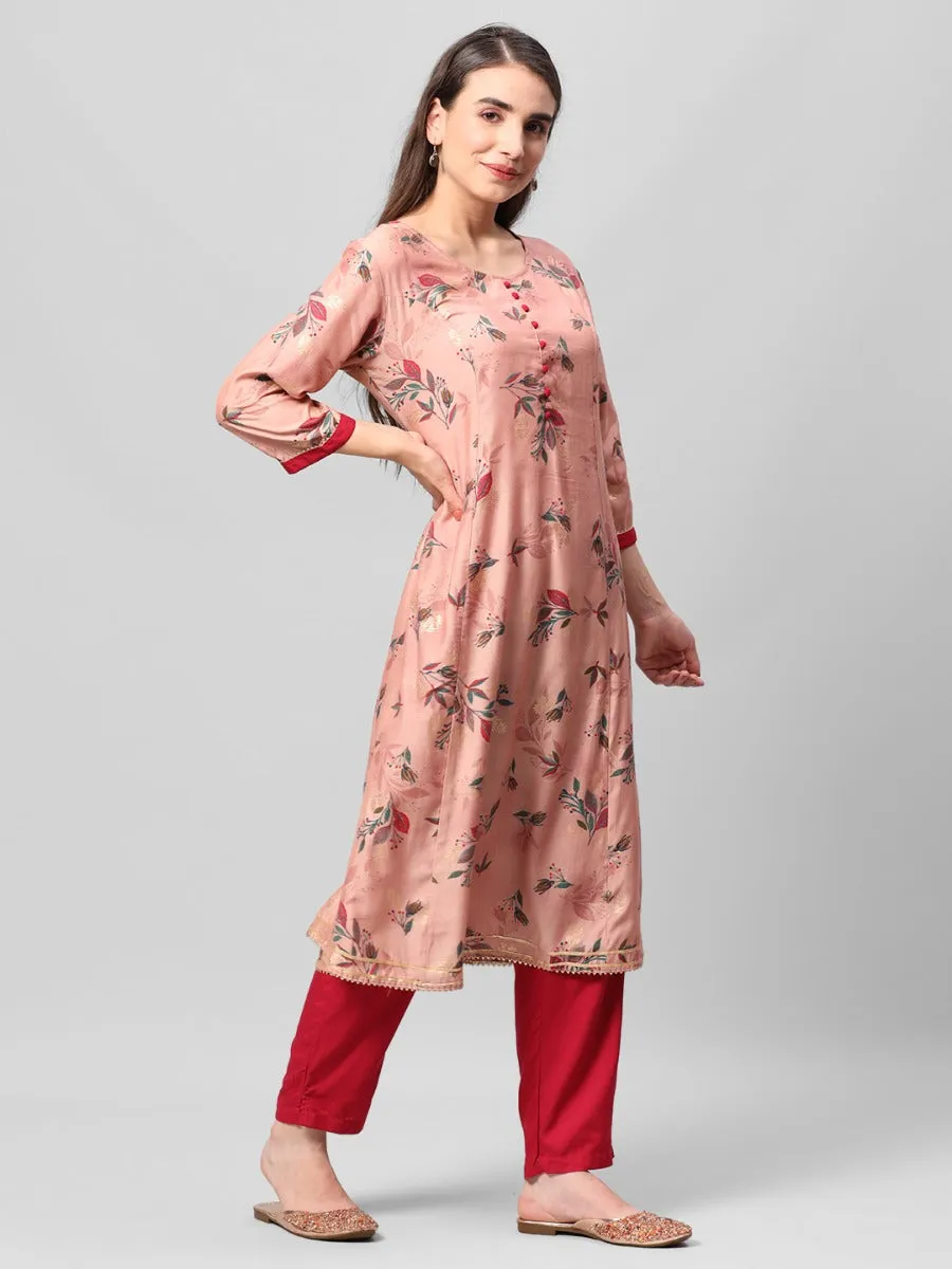 Pink Floral Print Kurta Trouser Dupatta