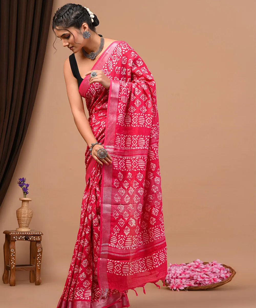 Red white cotton silk hand block printed sanganeri saree