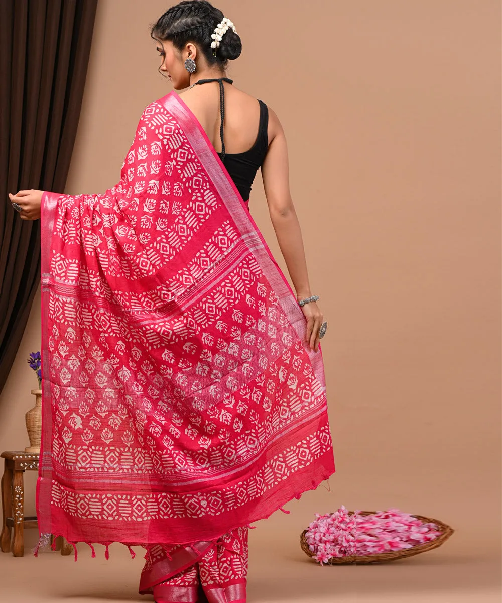 Red white cotton silk hand block printed sanganeri saree