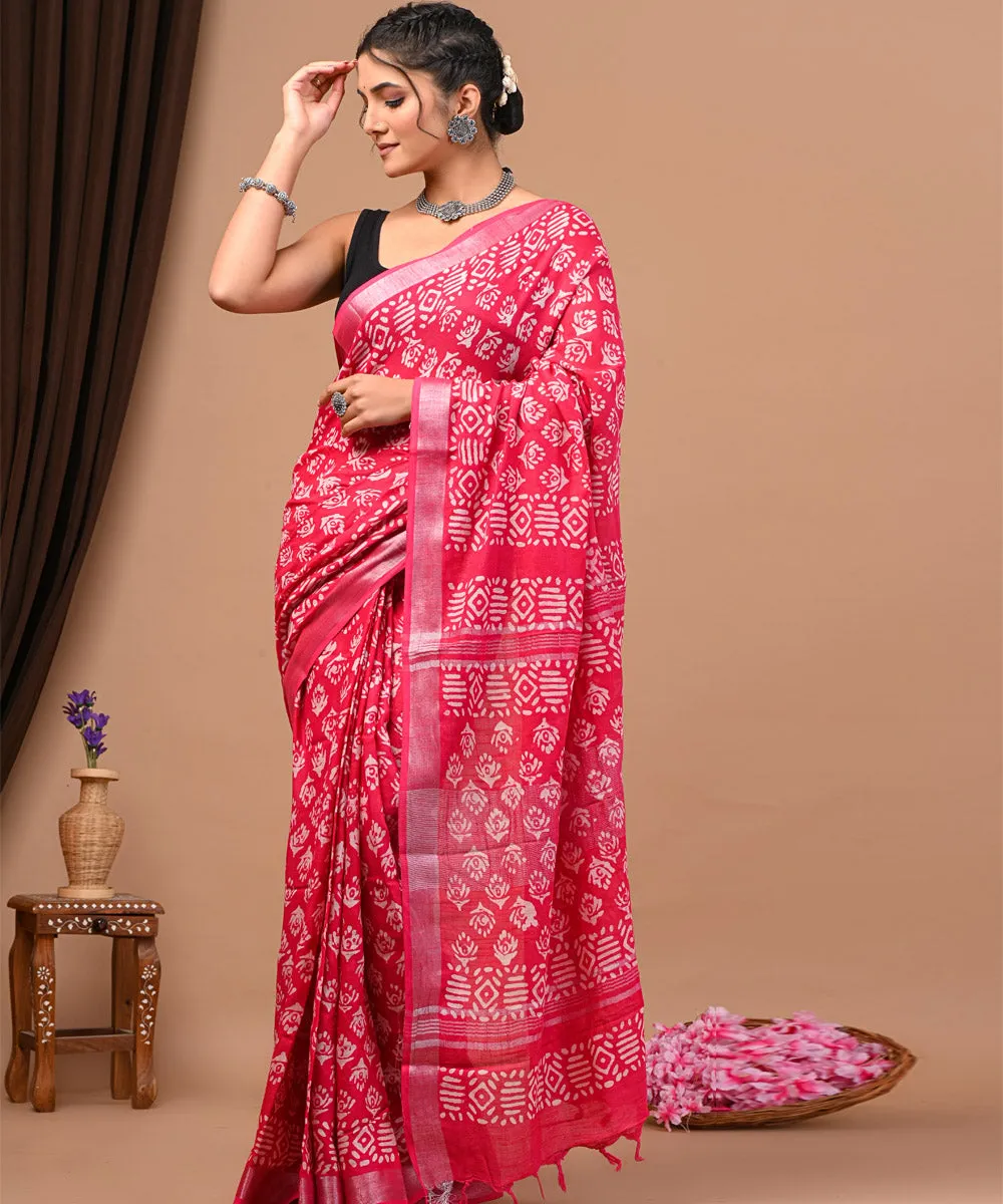 Red white cotton silk hand block printed sanganeri saree