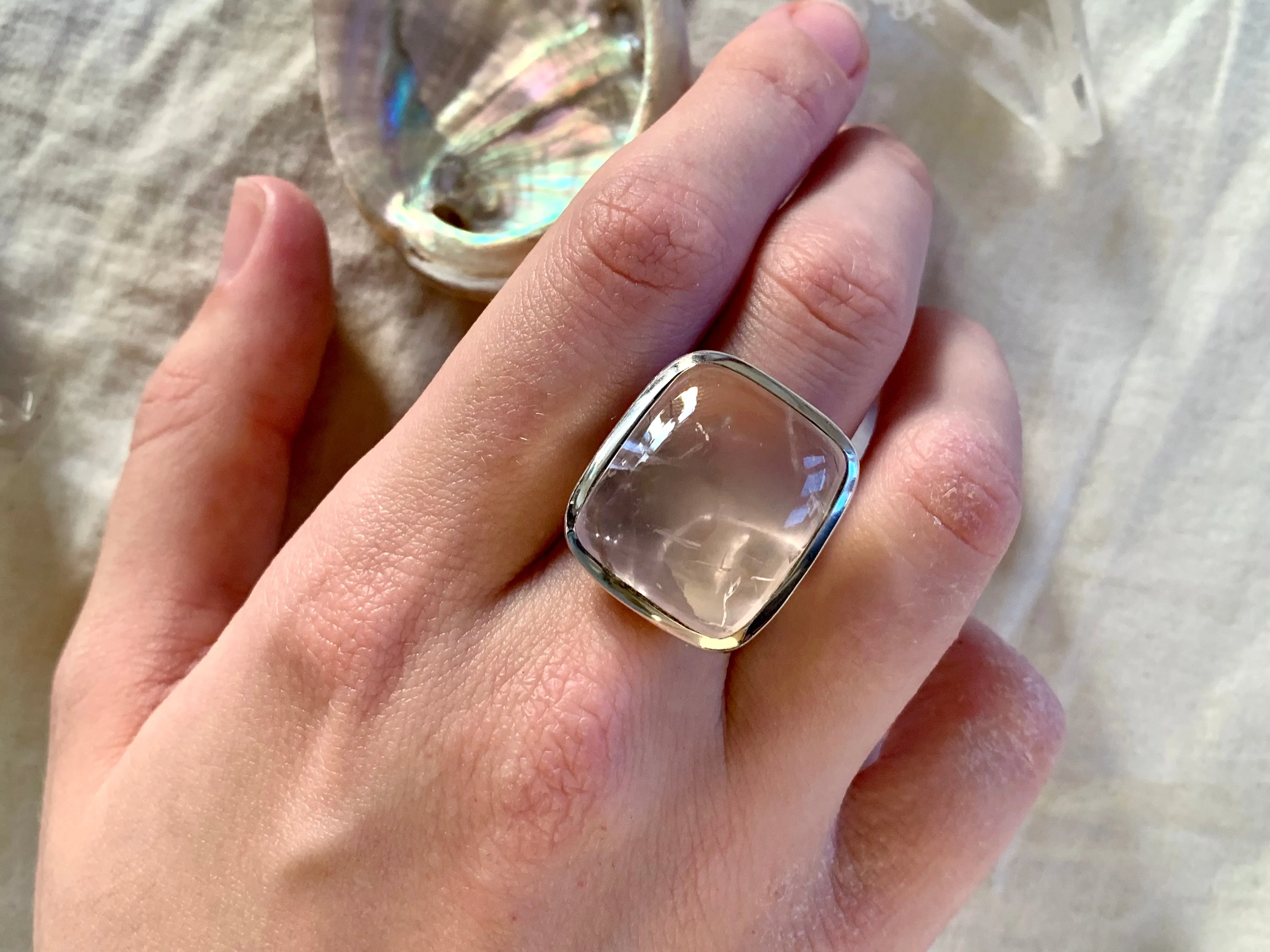 Rose Quartz Adjustable Ring - Rectangle