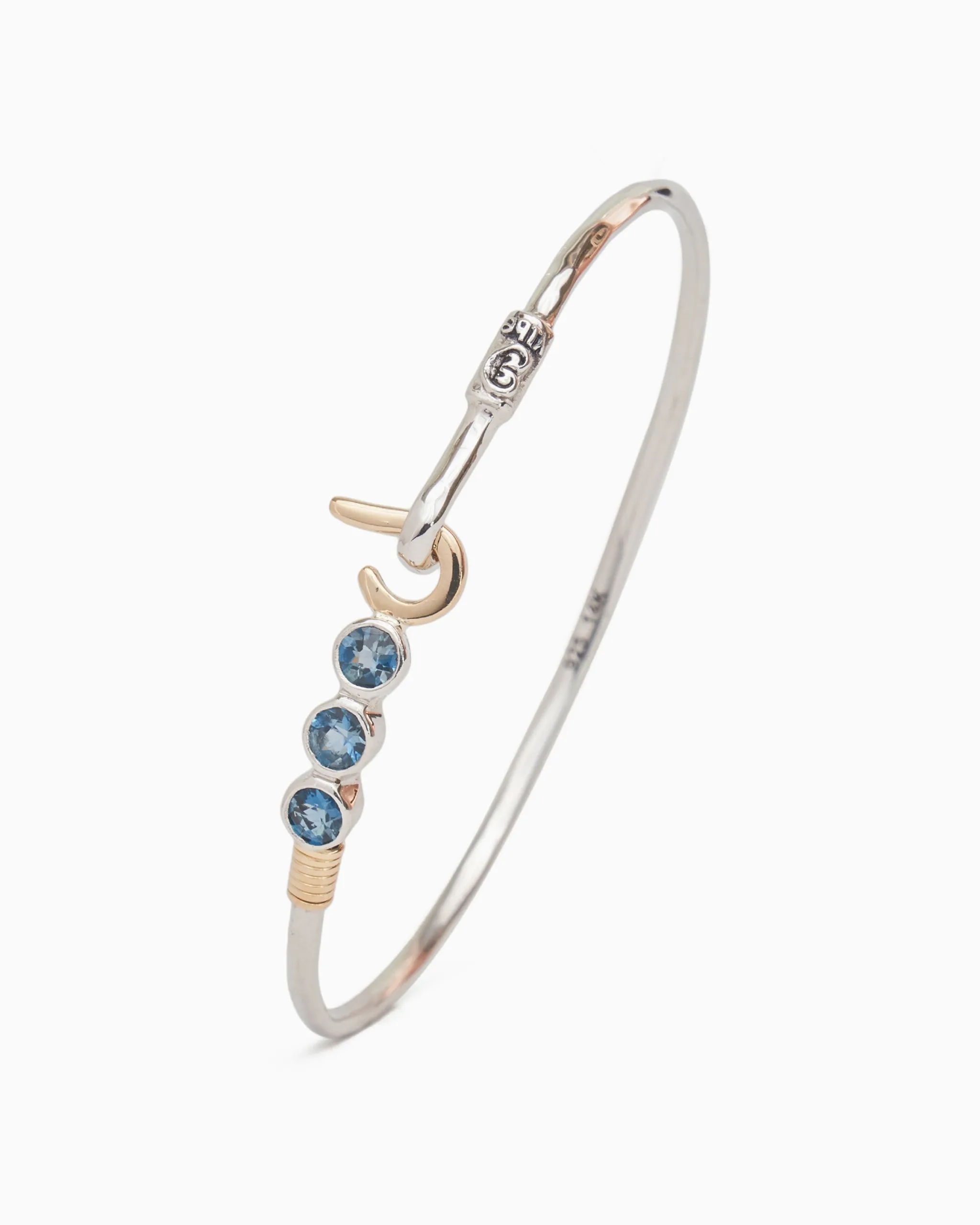 St. John Hook Bracelet with Triple Stones, 2mm - London Blue Topaz