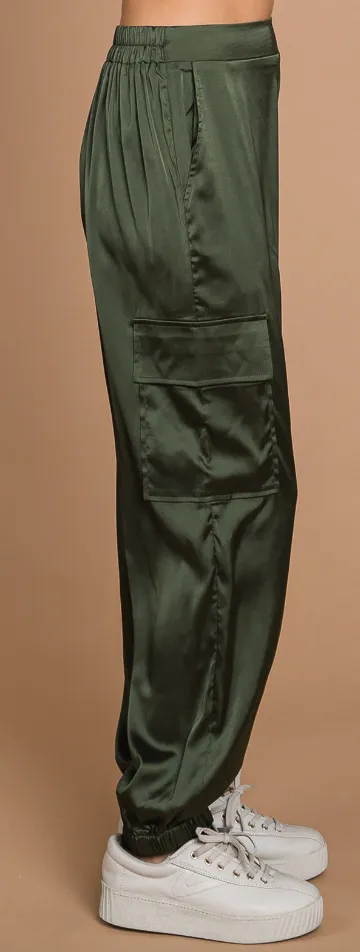 Still Alive Satin Cargo Joggers - Olive