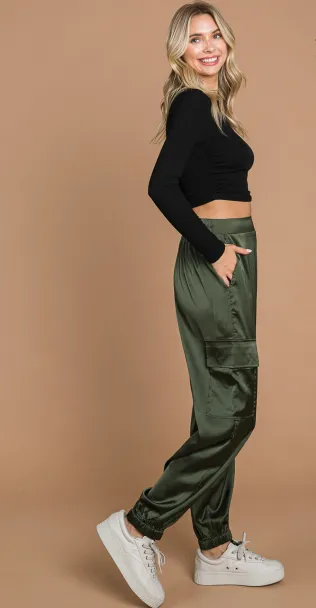 Still Alive Satin Cargo Joggers - Olive