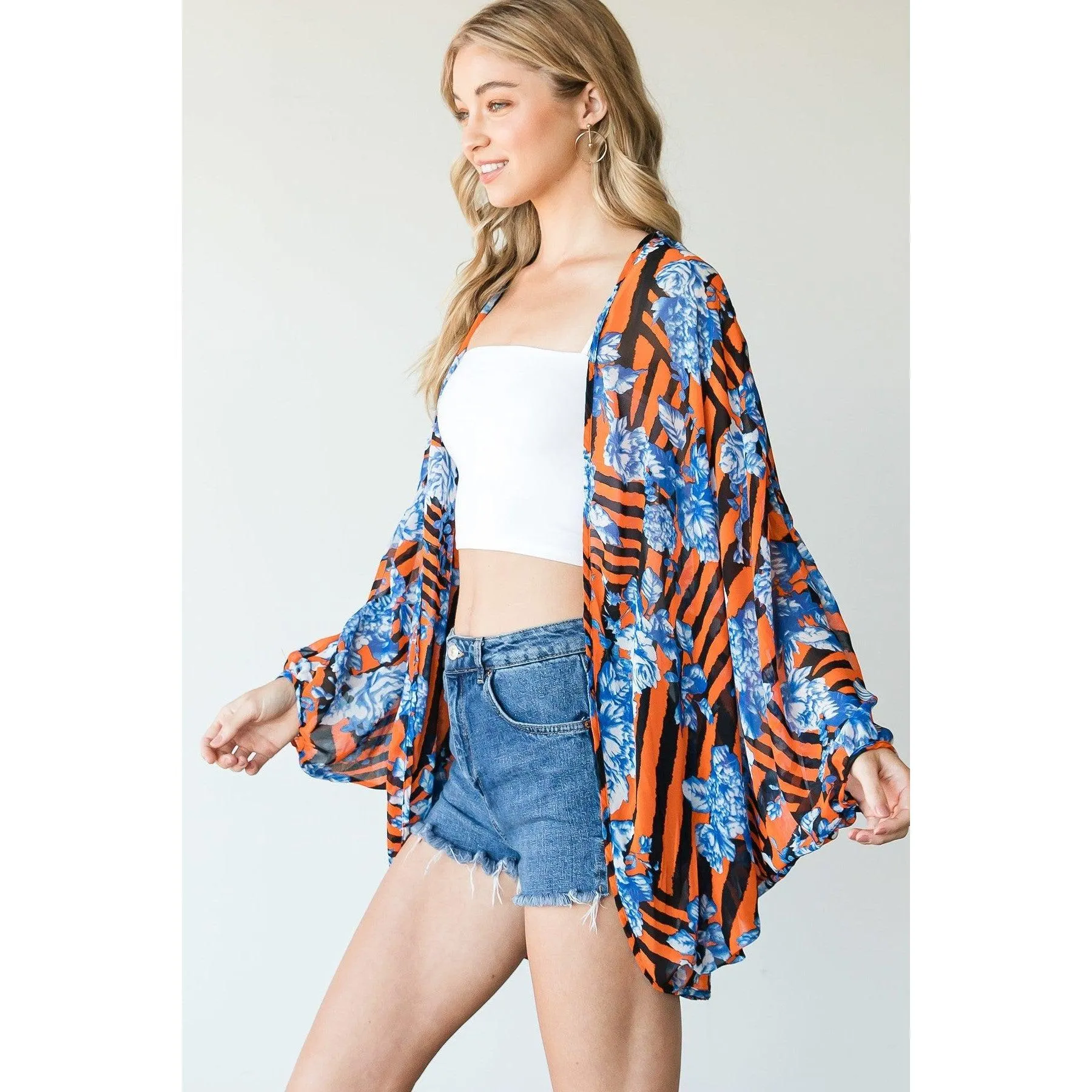 Stripes And Floral Print Lightweight Kimono