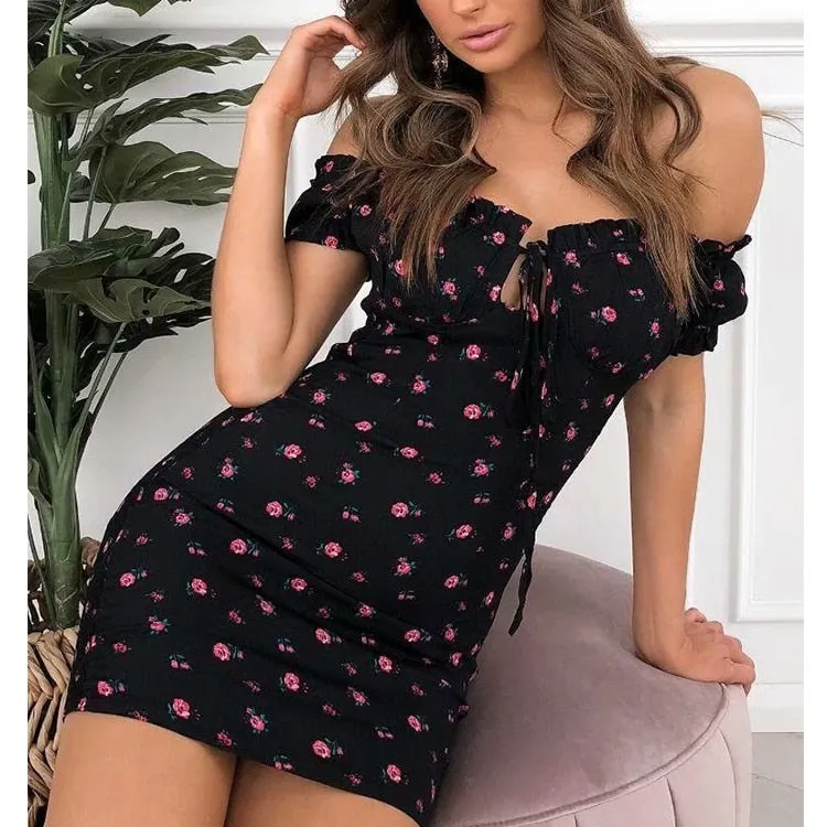 Summer Women Floral Wrap Dress Off Shoulder Tie Up Front Ruffle Mini Dress Office Lady Slash Neck Printed Pencil Dress