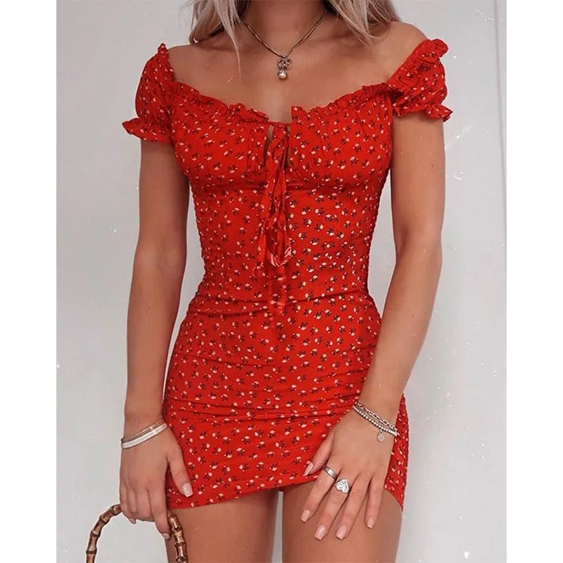 Summer Women Floral Wrap Dress Off Shoulder Tie Up Front Ruffle Mini Dress Office Lady Slash Neck Printed Pencil Dress