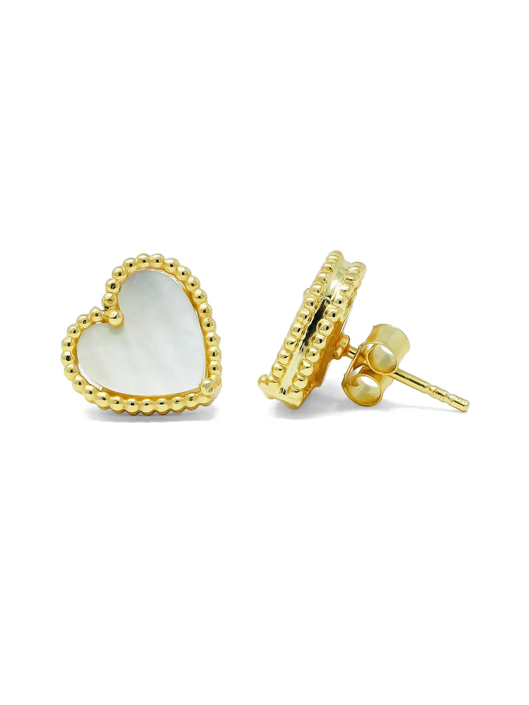 Sweet Heart Mother Of Pearl Gold Plated Sterling Silver Stud Earrings