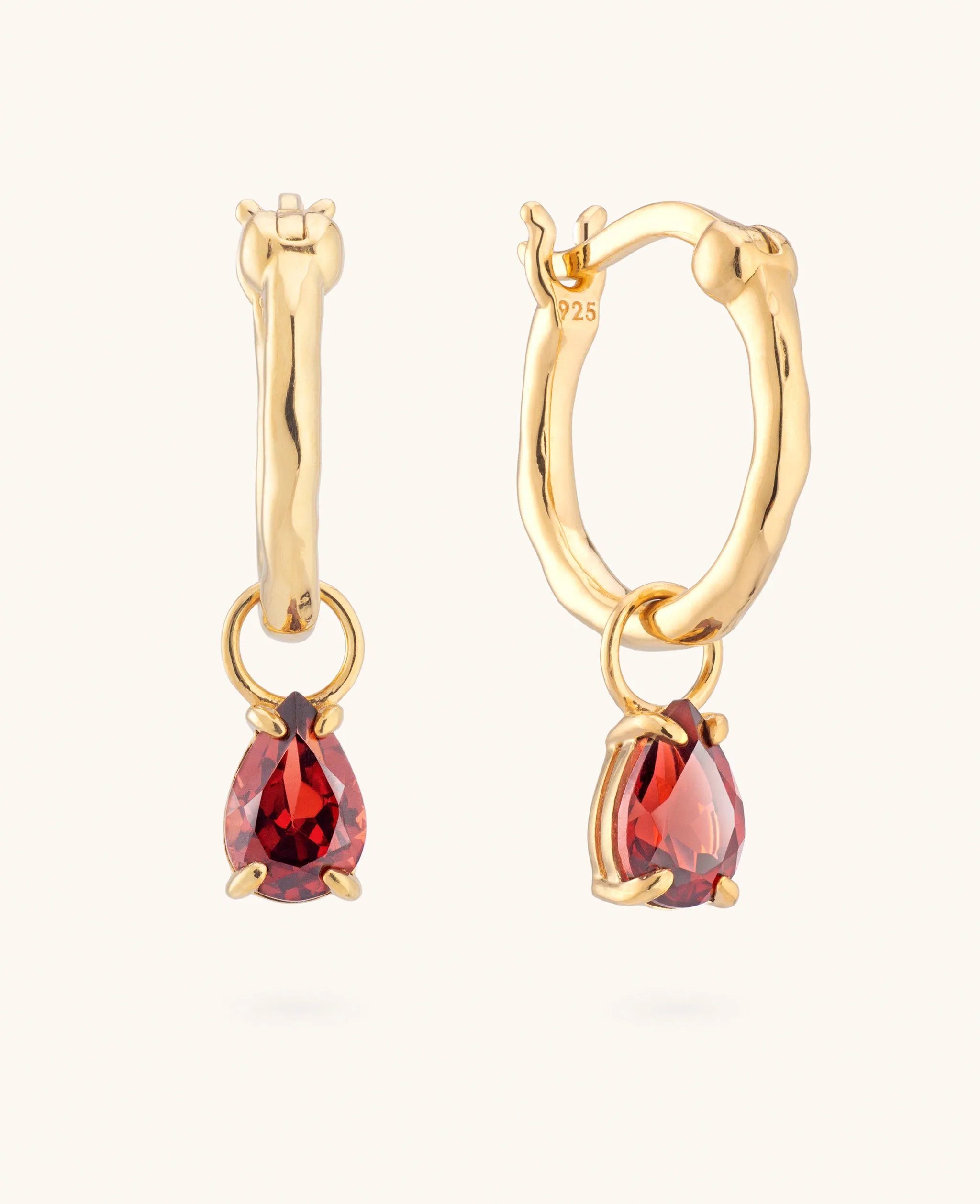 Teardrop Garnet Charm Hoops Gold