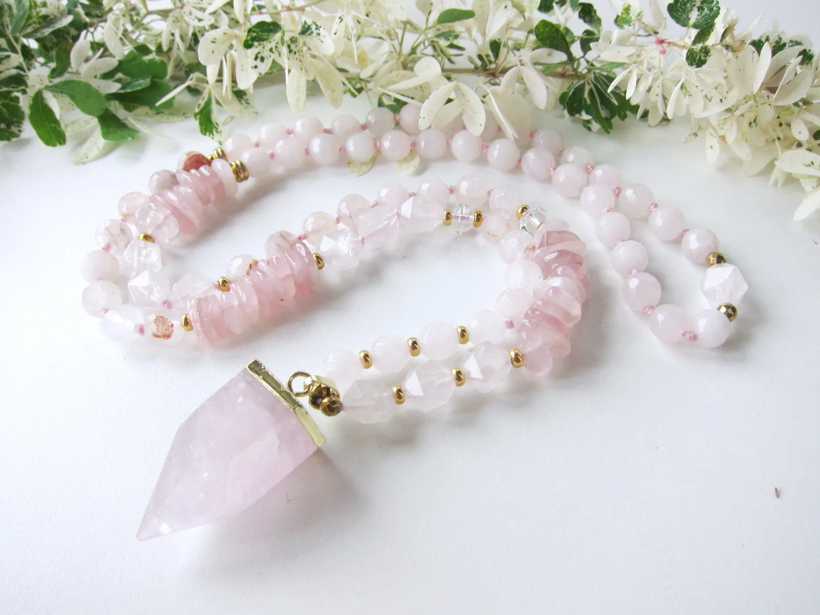 The Pink Goddess Mala Necklace in Rose Quartz Pendant